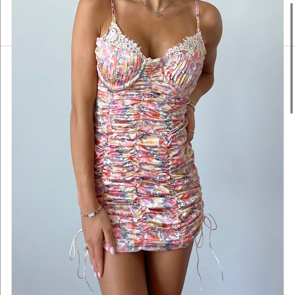Mini floral satin and lace corset dress